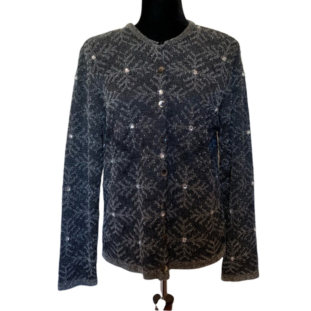 Vintage Robert Scott Grey and Black Beaded Cardigan Sweater Size Small